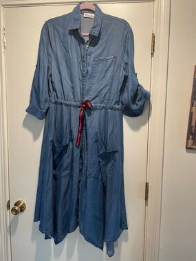 RED Valentino Light Blue Chambray Denim Shirt Moma Dress with Red Logo Tag